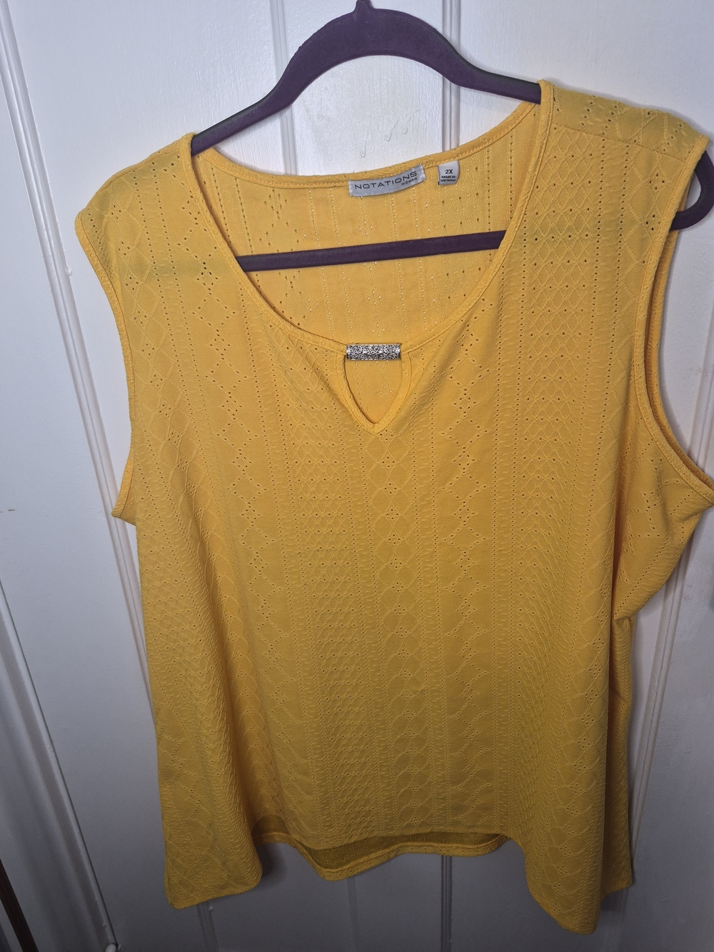 Notations Yellow Sleeveless Knit Top with Decorative Accent